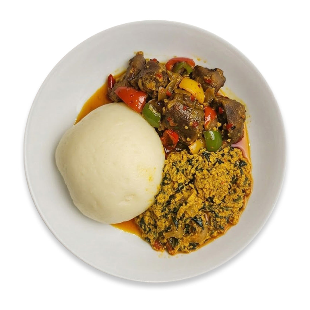 Pepper Goat with Egusi and Poundo Yam