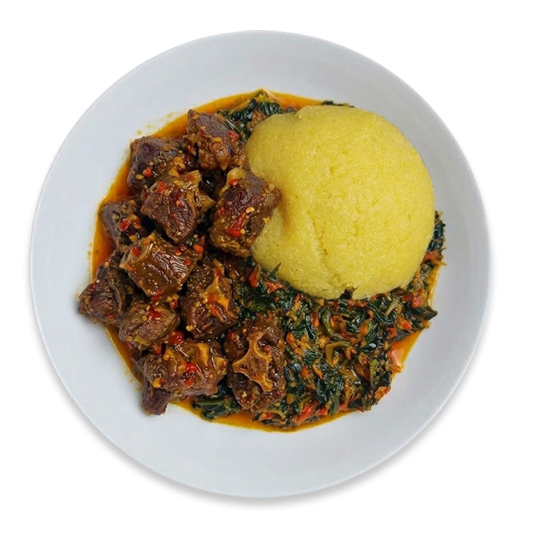 Pepper Goat with Gari (Eba) and Vegetable Soup