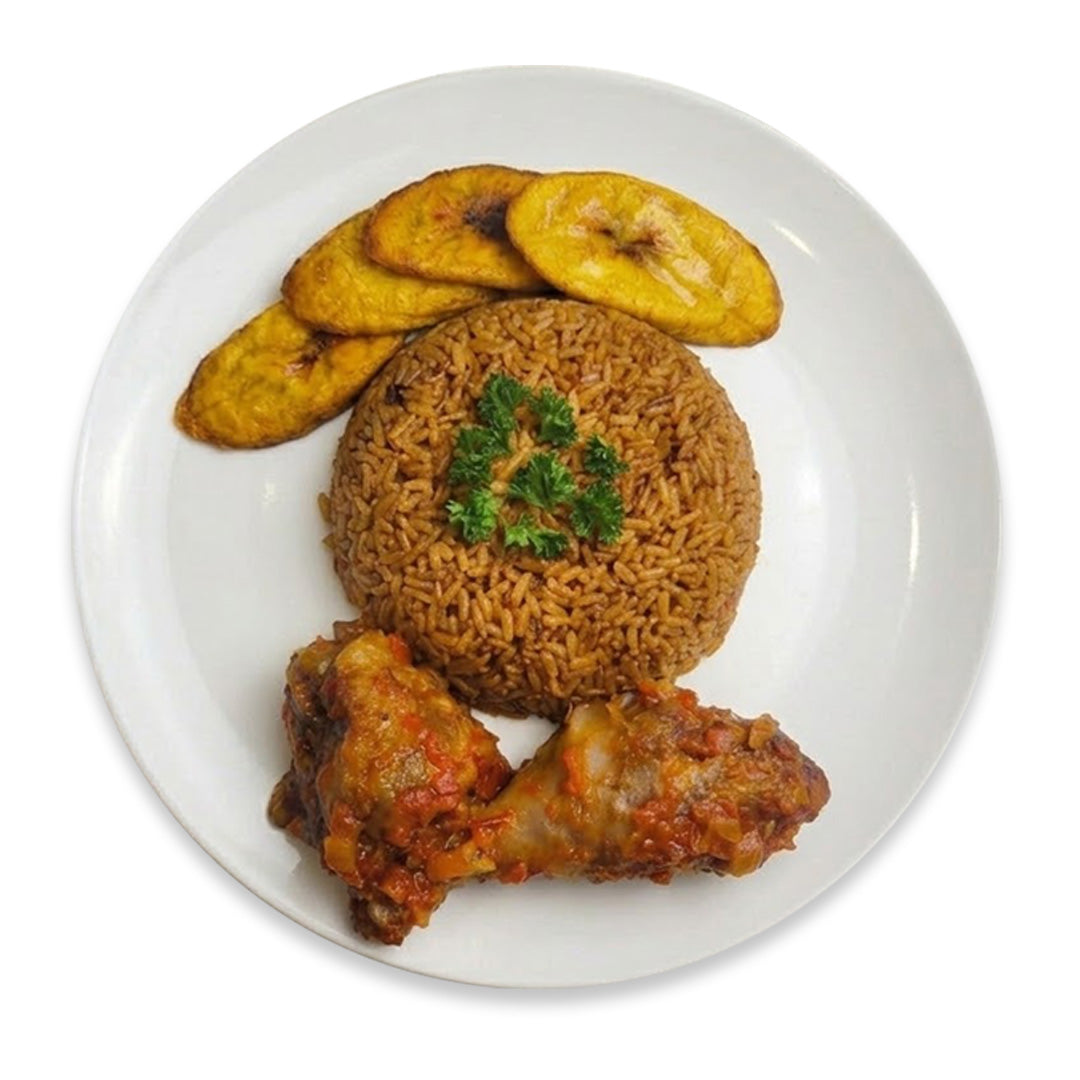 Peppered Grilled Chicken Legs with Jollof Rice and Fried Plantain
