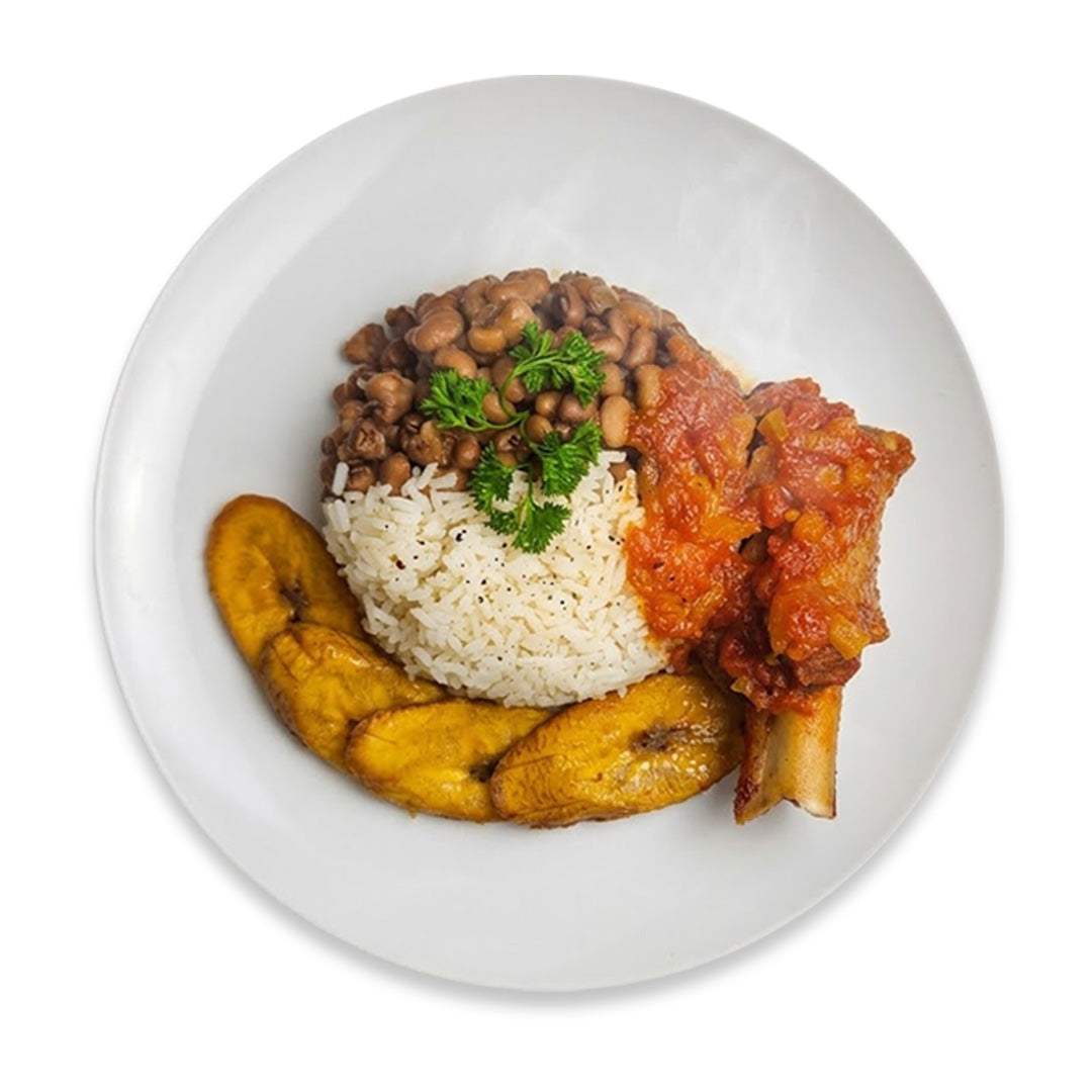 Peppered Grilled Turkey with White Rice, Beans and Fried Plantain