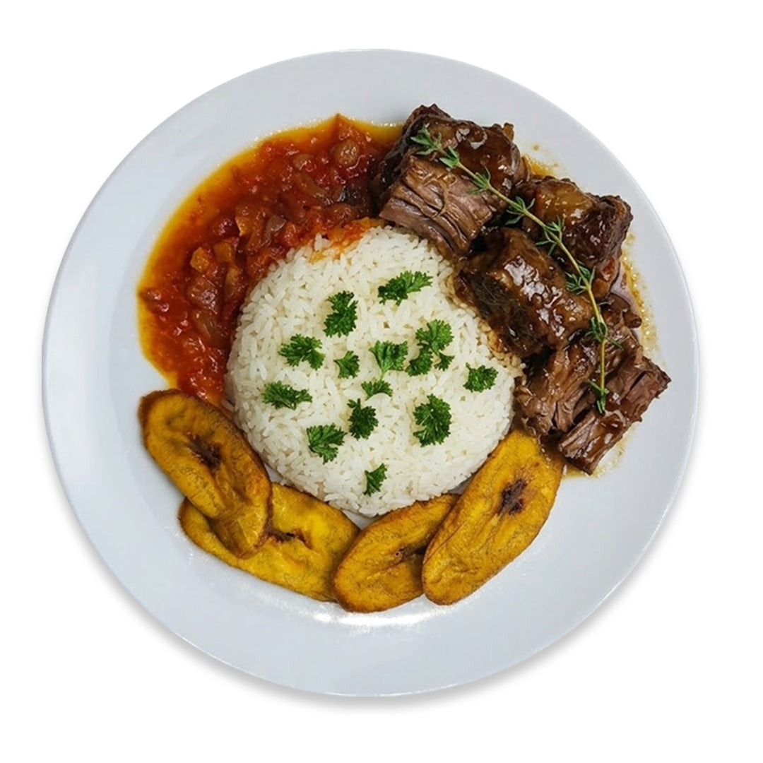 Slow-Braised Beef with White Rice and Plantain