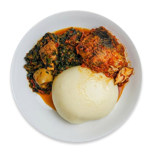 Fish Stew with Poundo Yam and Vegetable Soup