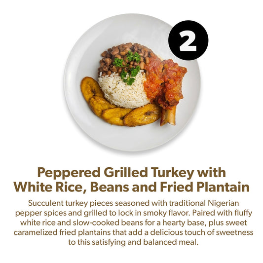 Peppered Grilled Turkey with White Rice, Beans and Fried Plantain