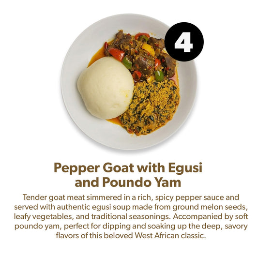 Pepper Goat with Egusi and Poundo Yam