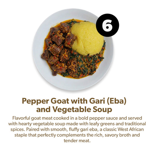 Pepper Goat with Gari (Eba) and Vegetable Soup