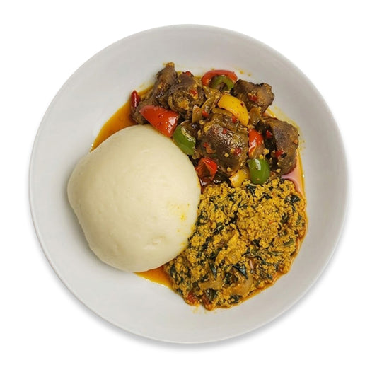 Pepper Goat with Egusi and Poundo Yam
